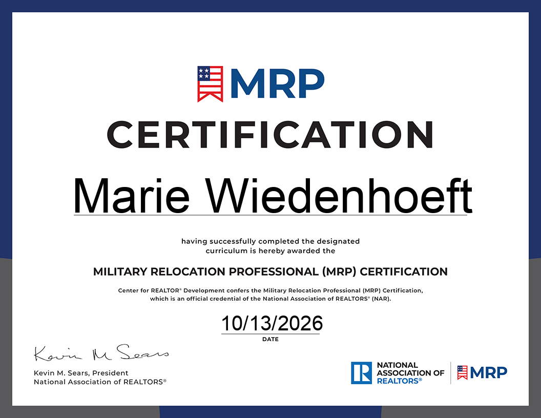 Military Relocation Professional (MRP) certification awarded to Marie Wiedenhoeft